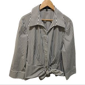 CHAUS COLLARED V-NECK WHITE CHARCOAL BLACK STRIPED TIE FRONT BLOUSE SZ 16